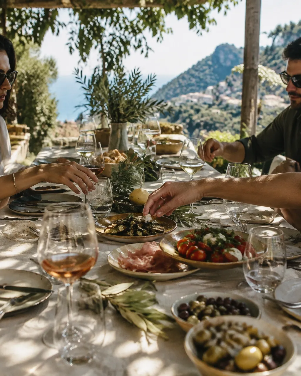 Hands sharing a half-finished lunch and wine on a warm Italian terrace