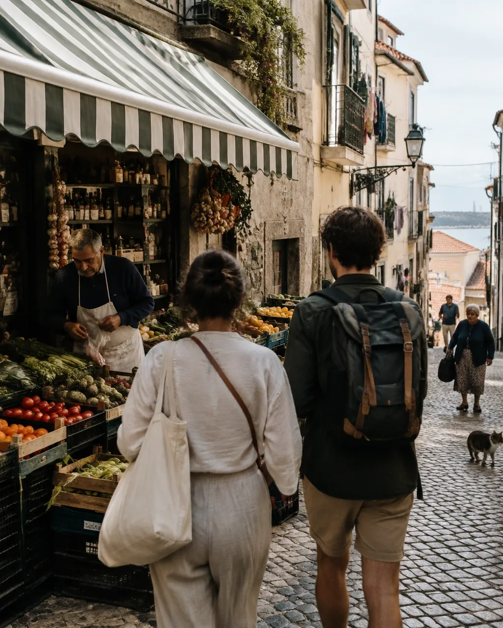 Travelers wandering through a lively neighborhood market