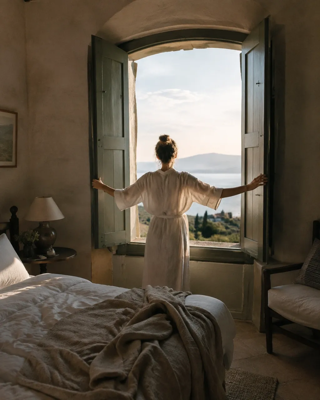 A traveler opening the shutters of a distinctive hotel room