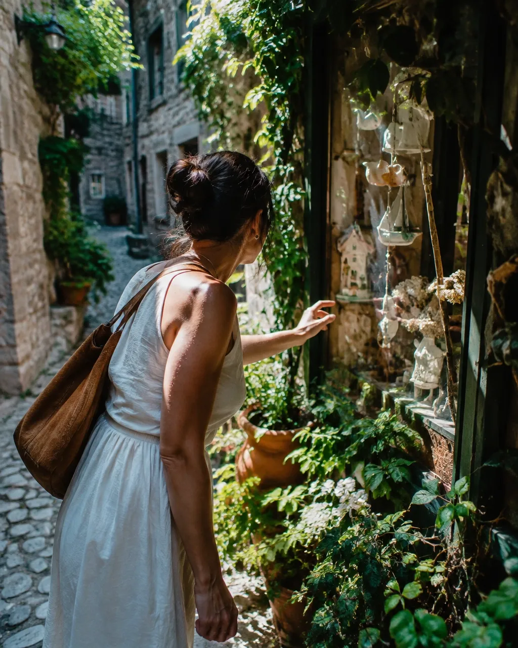 A traveler noticing an unexpected detail in a sunlit side street