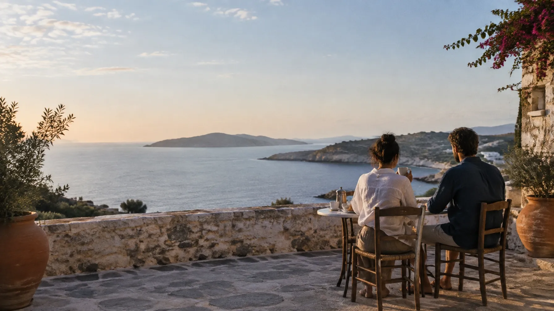 A couple having coffee on a terrace overlooking a Mediterranean bay