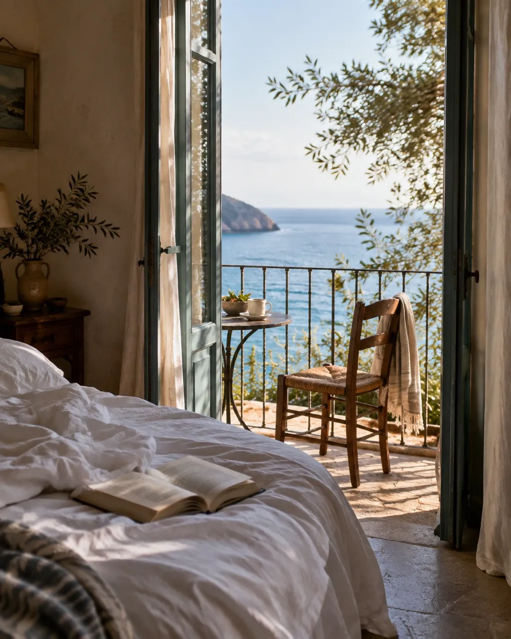 A calm hotel room with natural light and a view beyond the windows