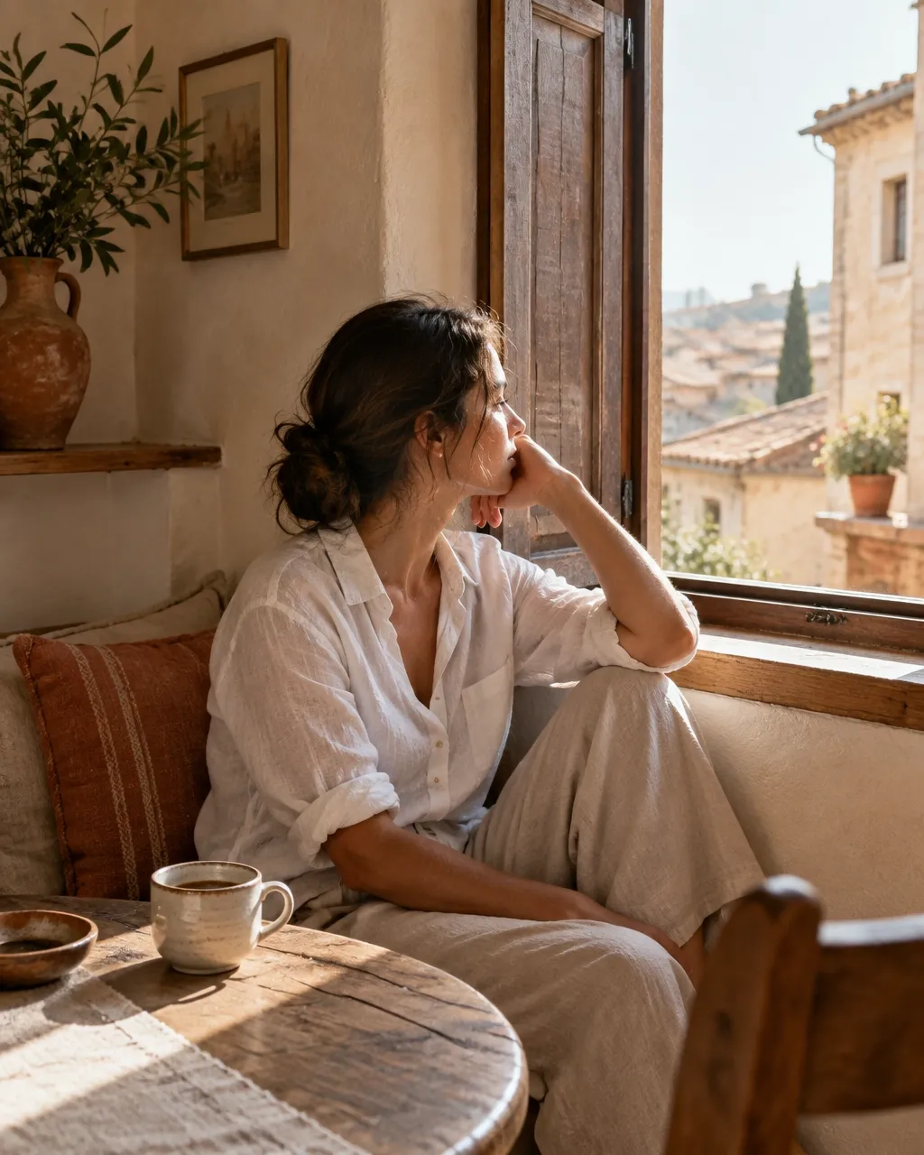 A traveler resting by an open window in a sunlit guesthouse